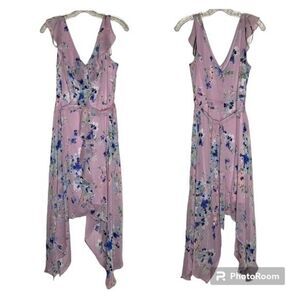 Emma & Michelle Dress S Purple Blue Floral V Neck Ruffle Sleeveless Handkerchief